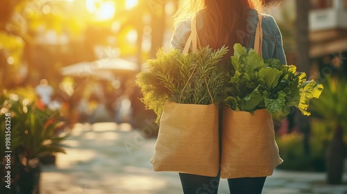 Woman carrying fresh groceries in reusable bags