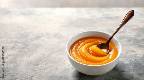 Warm Orange Soup in a Bowl With a Spoon on a Simple Kitchen Table
