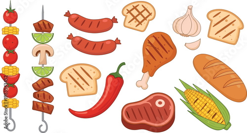 Grilled food set skewers meat bread corn chicken vector illustration barbecue cuisine collection tasty design elements