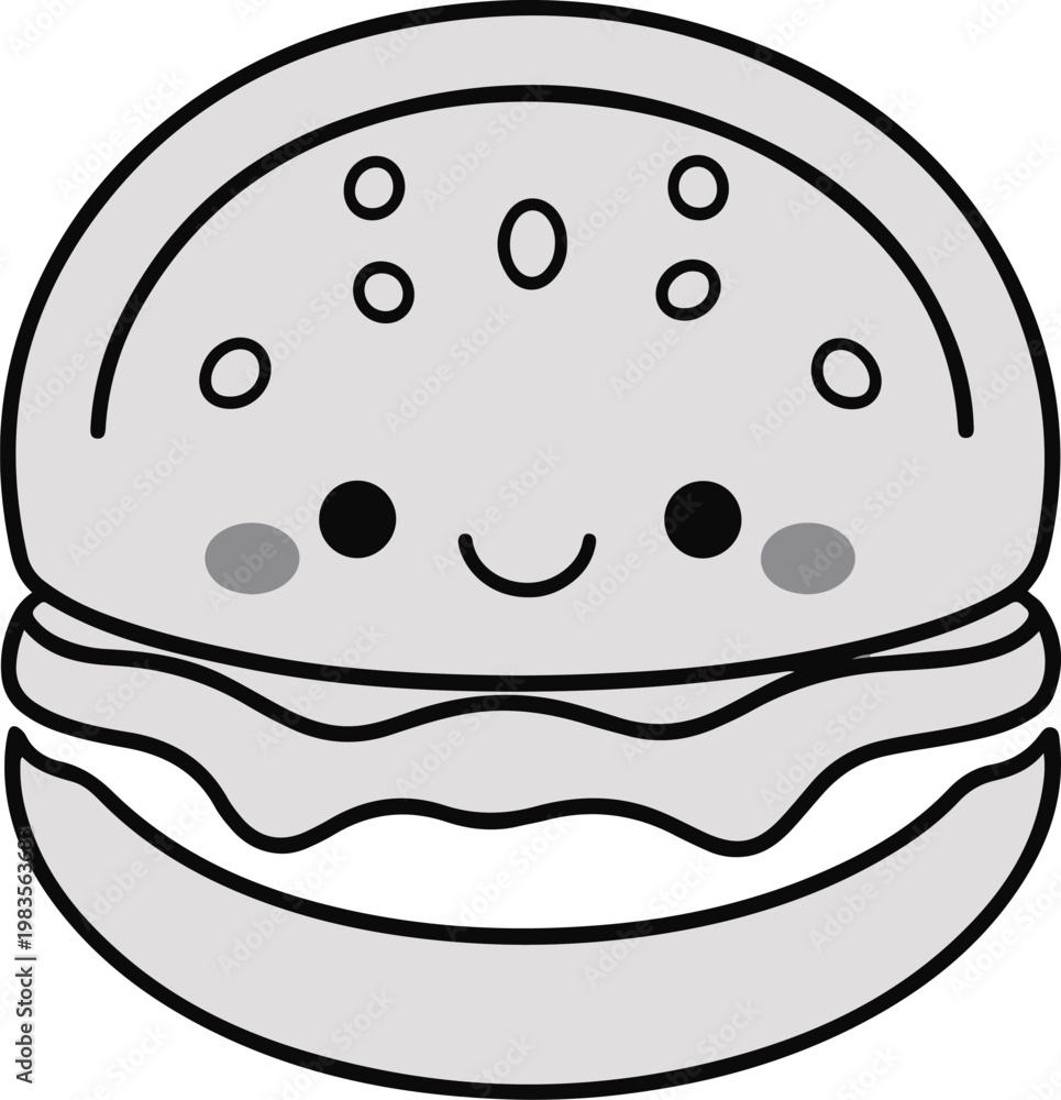 Obraz premium Cute Burger Cartoon Black Line Art Vector Sticker on White Background 3