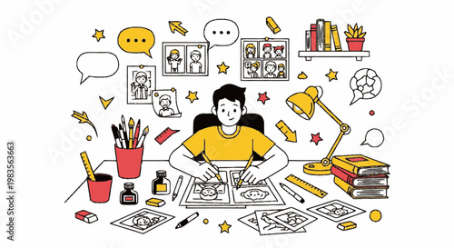 Young woman working on illustrations.