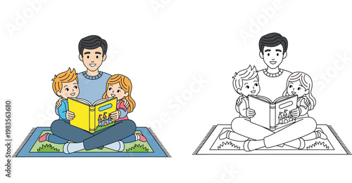 Father Reading Storybook to Son and Daughter on Rug, Vector Illustration with Black and White Coloring Page Version for Kids Education and Family Bonding Activities