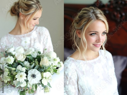Bride Holding Bouquet of Flowers in a Room With Soft Lighting During a Weddin...