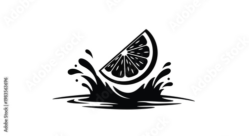 A black and white illustration of a lemon slice splashing into liquid