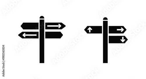 Two black signpost icons with directional arrows isolated on white