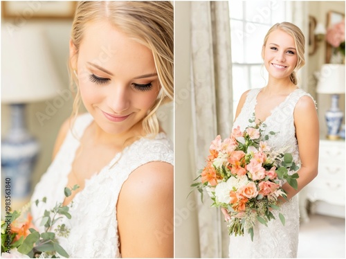 Bride Holds a Bouquet and Smiles in a Bright Room During a Wedding Preparatio...