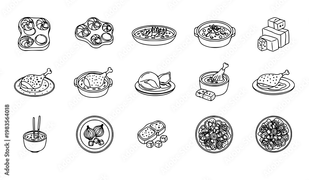 Obraz premium French cuisine line icons set escargots bouillabaisse duck confit outline vector isolated on white background