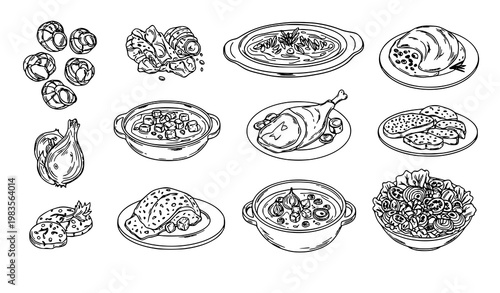 French food sketch icon collection hand drawn cuisine outline vector isolated on white