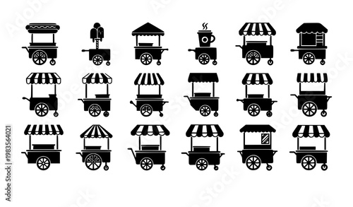 Minimal food cart icon set side view street vendor vector isolated on white background