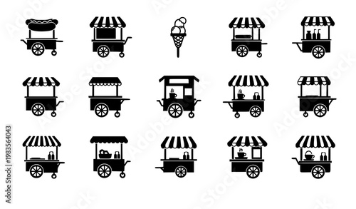Food cart icon set side view street food carts silhouette vector isolated on white background