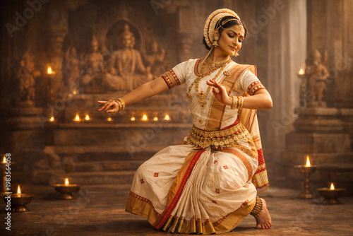 Indian classical dancer performing in temple with oil lamps