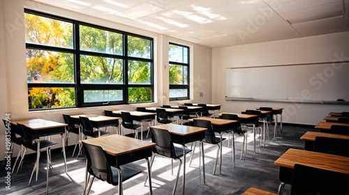 Bright Classroom With Empty Desks and Natural Light During the Day