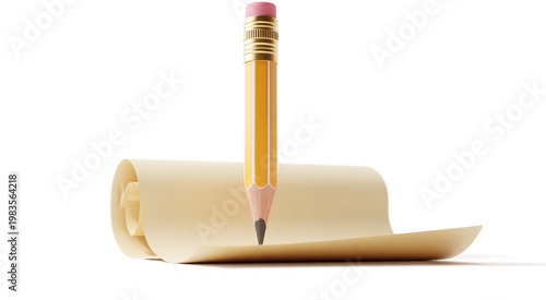 Yellow Pencil on Rolled Paper isolated on a transparent background