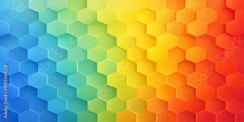 Geometric pattern formed by honeycomb structures, with each cell showcasing a spectrum of vibrant colors, creating a visually striking and modern aesthetic. 