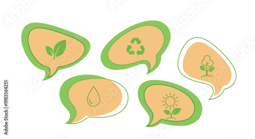 Collection of speech bubbles with environmental icons representing sustainability and nature conservation concepts