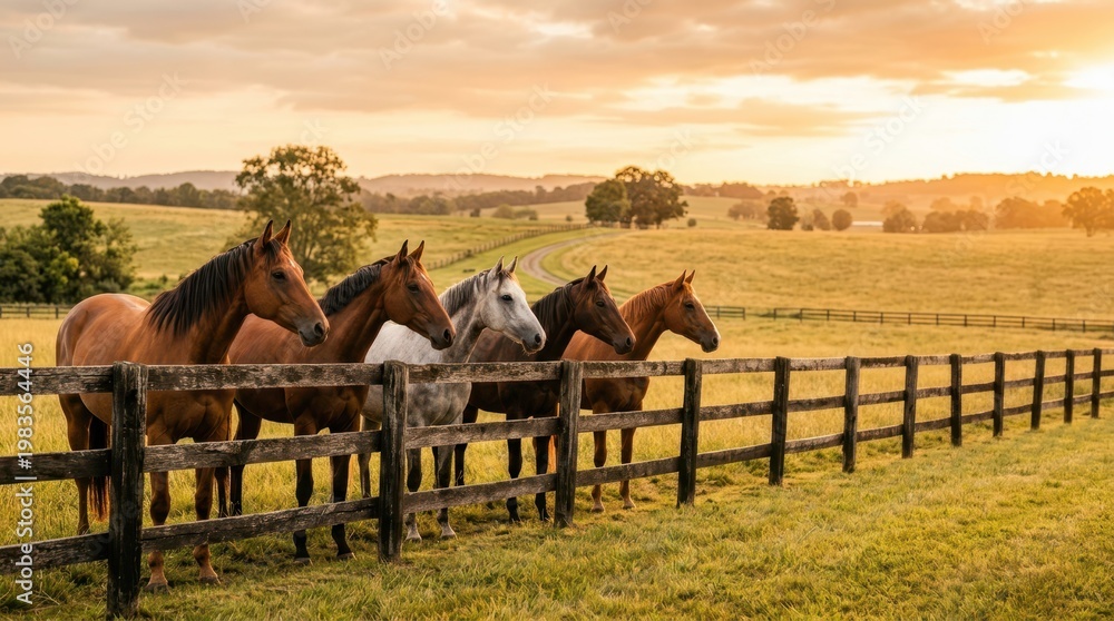 Naklejka premium Herd of horses standing by a wooden fence at sunset in a grassy field