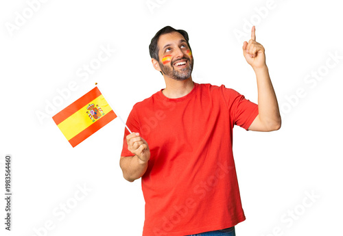 Spanish football fan celebrating world cup victory pointing up