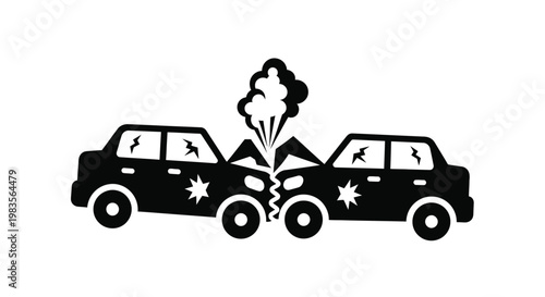 A black and white illustration depicting a head on car collision