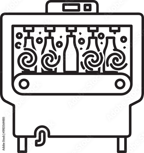 Premium High-Quality Vector Icon of an Automatic Bottle Washing Machine with Rotating Brushes for Industrial Food & Beverage Sanitation, Hygiene, and Production Line Automation – Perfect