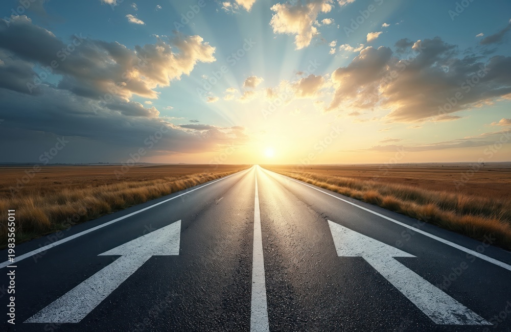 Fototapeta premium Long asphalt road with white arrows pointing forward towards a bright sunrise sky. Fields line the highway stretching to horizon. Journey ahead.