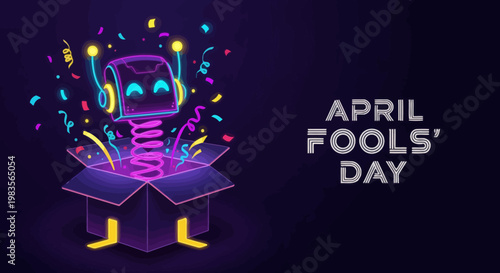 A Fun Robot Springing Out of a Box with Confetti on April Fools' Day