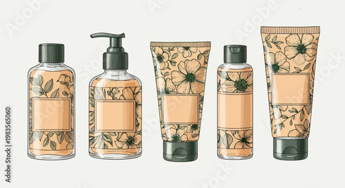Cosmetic products with floral patterns on packaging, ideal for beauty and wellness brands