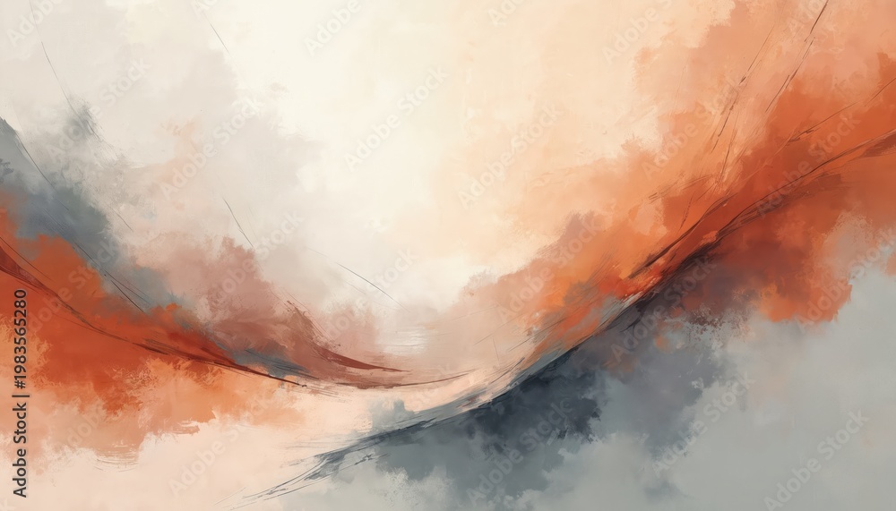 Fototapeta premium Abstract art with warm earthy tones and dynamic brushstrokes. Soft hues blend into rich oranges grays and cream creating a modern textured backdrop. Elegant blend of color and form.