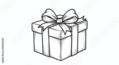Simple Black and White Sketch of a Gift Box with a Bow, Perfect for Drawings and Designs