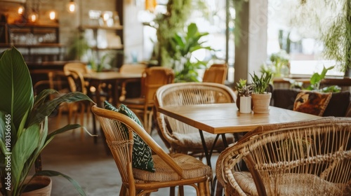 Cafe interior with rattan furniture and plants