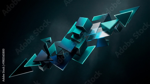 Dynamic 3D visualization of floating geometric shapes. Modern abstract composition on a dark background, futuristic design with an arrow and direction.