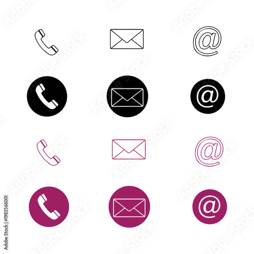 Contact Icon Set for Business Card and Website in Black and Magenta