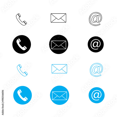 Contact Icon Set with Phone, Email, and At Symbols in Blue and Black