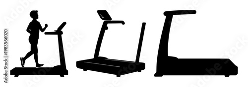 Cardio treadmill machine set with solid black icon on white background featuring fitness, exercise, equipment with health and wellness