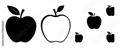 Apple icon set with solid black silhouette on white background featuring apple, nutrition, health with fruit and wellness