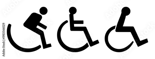 Wheelchair symbol set with solid black icon on white background featuring universal access, disability icon, mobility with black and white design