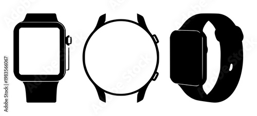 Smartwatch icon set with solid black design showing wrist wearable watch featuring smartwatch, fitness, icon illustration with minimalism and vector