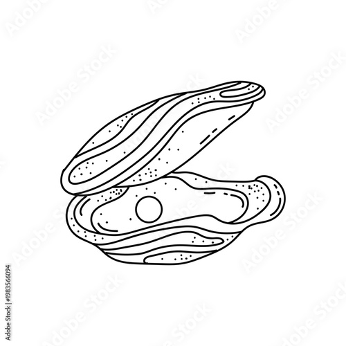 Seafood. Mussel with pearl. Sea creature. Fresh and tasty ocean meal. Vector illustration isolated on white background.