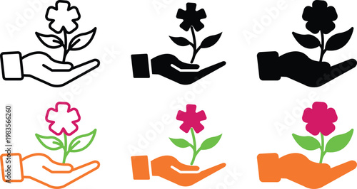 Human Hand Holding Growing Flower Plant for Nature Protection and Gardening Vector Silhouette and Pictogram Icon Set