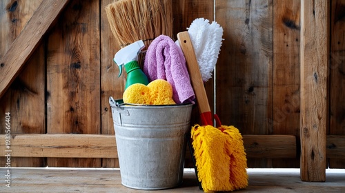 Cleaning Supplies Arranged in a Metal Bucket on a Wooden Surface