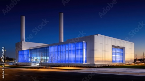 Modern industrial building exterior at night