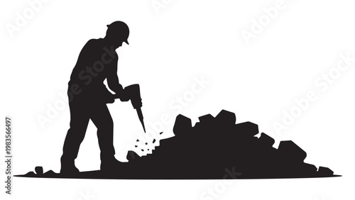 Black silhouette construction worker operating jackhammer on pavement
