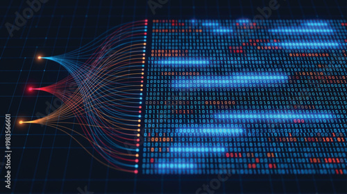 Data stream of binary code flowing into a digital processor representing high speed information transfer and complex computational processing in a modern server environment.