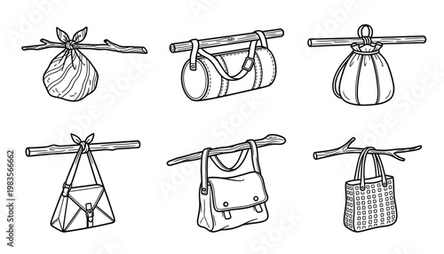 Unique Bag on Stick Set - Creative Hobo Bag and Bundle Vector Illustration