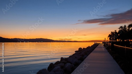Sunset Over Calm Water With Pathway and Palm Trees in Background