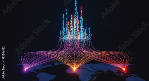 Data stream flowing from three global points into a central digital hub representing big data collection analysis and worldwide information synthesis in a modern technological infrastructure.
