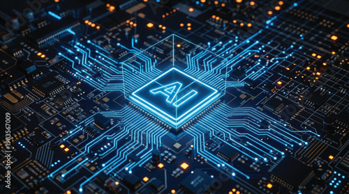 Artificial intelligence microchip processor on a glowing motherboard with intricate blue circuit lines representing modern computing machine learning and advanced electronic technology.
