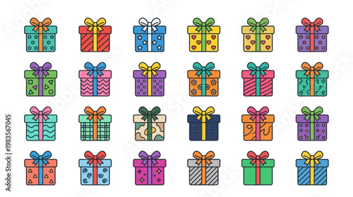 Set of colorful gift box icons with various patterns and bows for holiday celebration illustration
