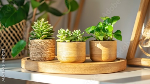 Three potted plants displayed on wooden tray