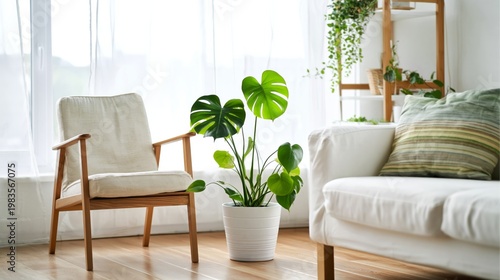 Cozy Living Room With Large Windows and Greenery in a Bright Space