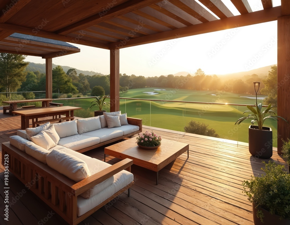 Naklejka premium Spacious wooden deck with modern sofa and coffee table offers view of golf course at sunrise. Outdoor seating area on balcony with glass railing overlooks green landscape.